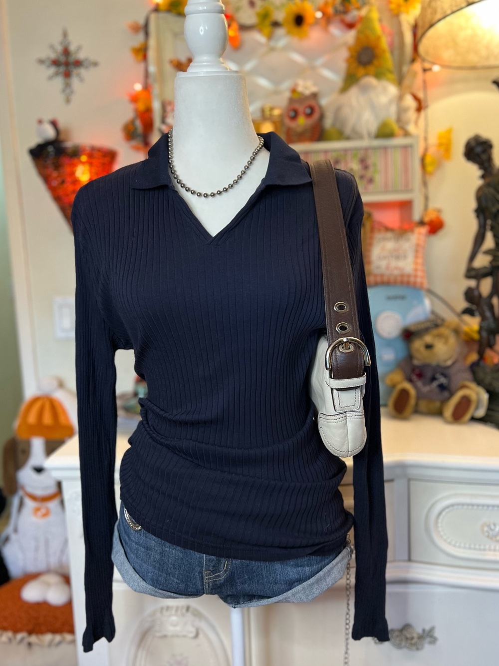Women’s Ribbed Long-Sleeve Polo Top - Navy
